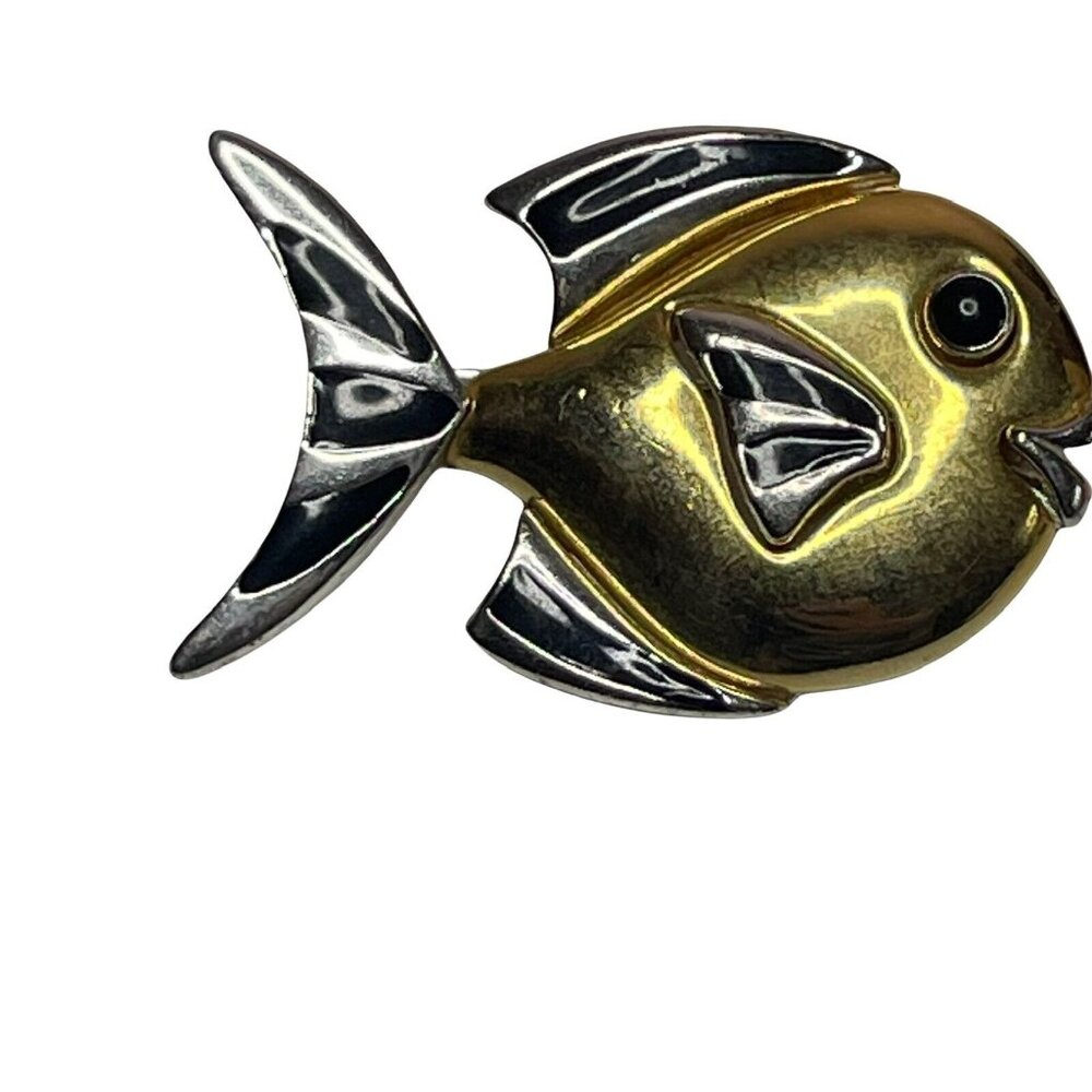 Vintage Pin Fish Goldtone Silvertone Black Enamel Fish Brooch Pin 3D Puffy